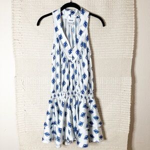 KOCH blue chakra printed Haley smocked waist sleeveless silky midi mini dress S